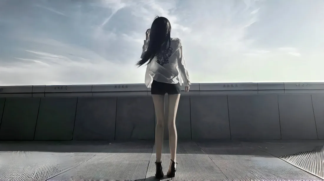 3k天台背影美女壁纸｜晴空背景图片 - 长腿黑发热裤「哲风壁纸」
