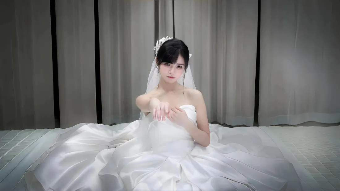 4k婚纱少女｜灰色背景图片 - 室内抹胸白纱写真「哲风壁纸」