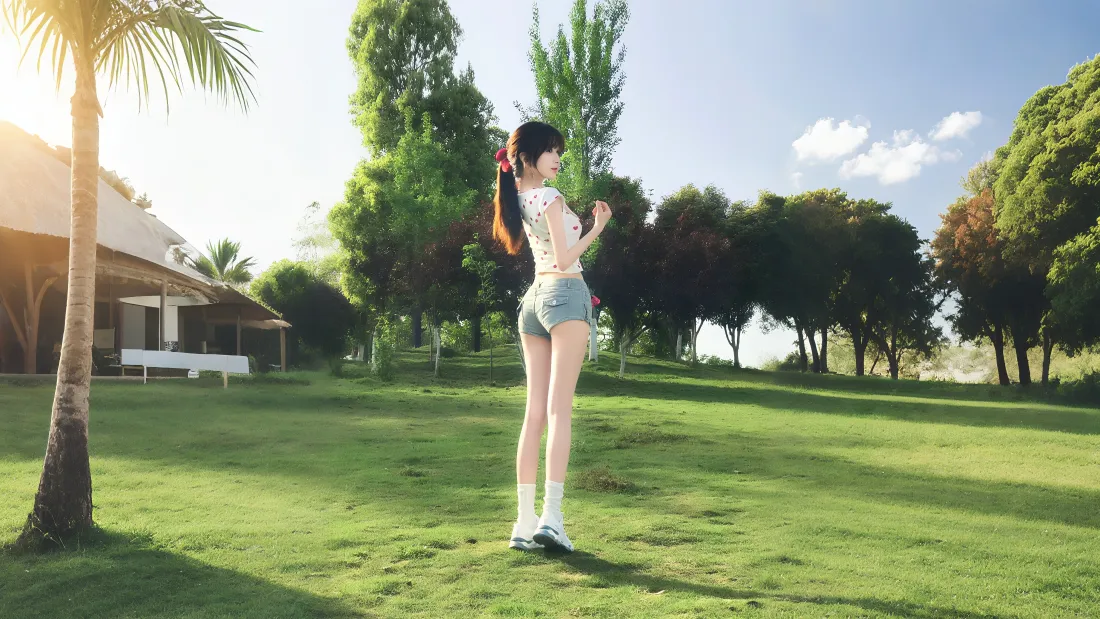 4k双马尾少女壁纸｜草坪椰林背景图片 - 阳光户外清新「哲风壁纸」