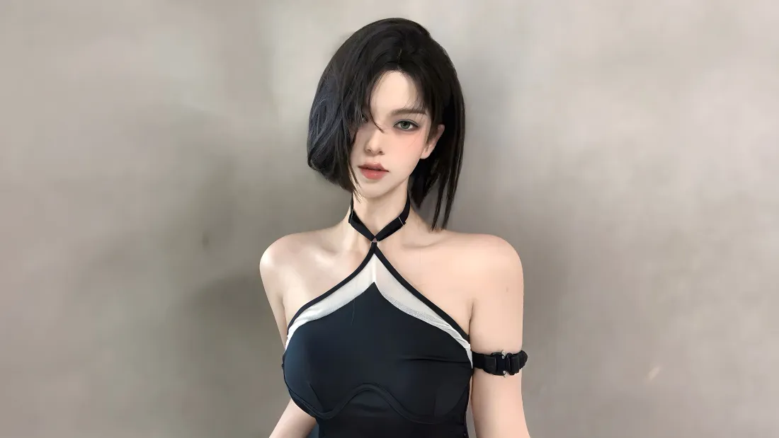 4k短发御姐壁纸｜挂脖黑裙背景图片 - 冷艳虚拟美女「哲风壁纸」