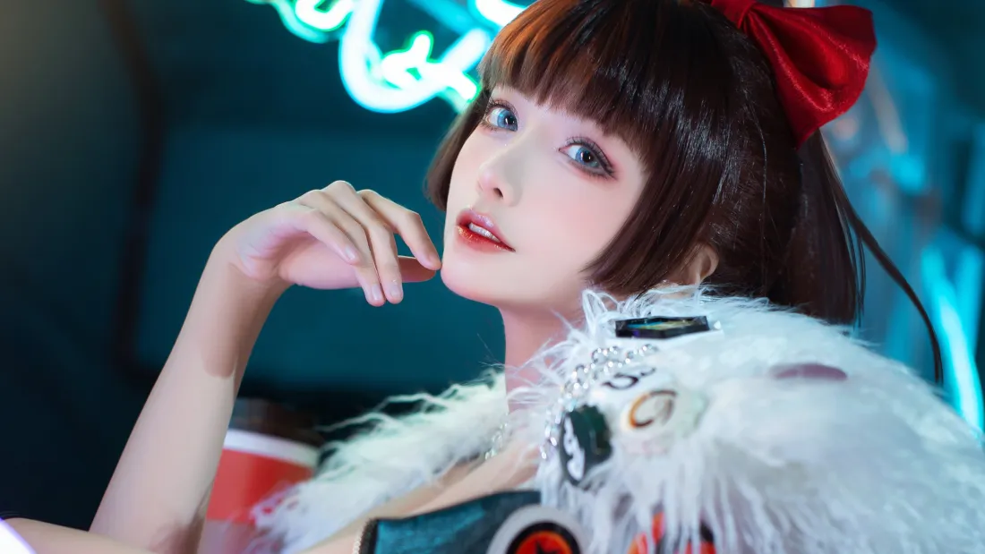 4k甜酷cos少女壁纸｜霓虹氛围感背景图片 - 红蝴蝶结棕发造型「哲风壁纸」