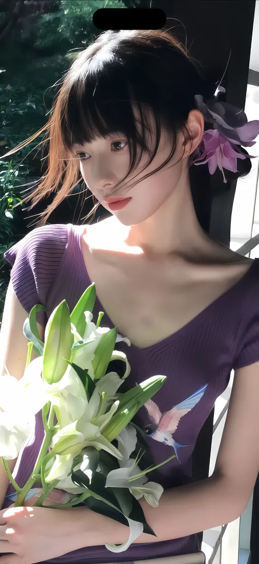 紫衣美女手机壁纸｜户外阳光背景图片 - 手持百合温柔氛围感「哲风壁纸」