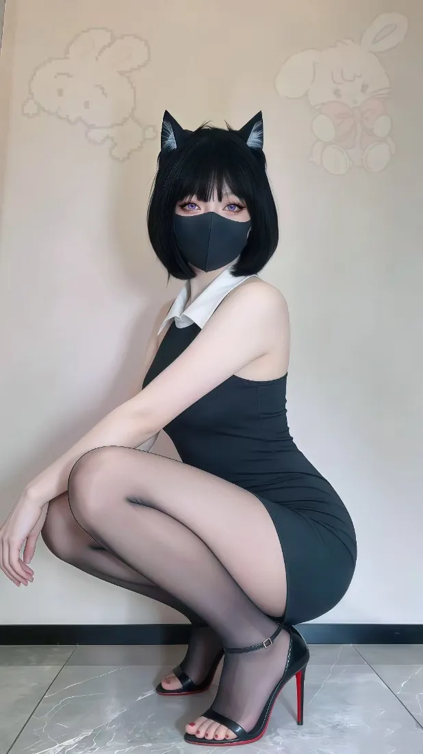 猫耳美女手机壁纸｜室内蹲姿背景图片 - 黑丝包臀裙穿搭「哲风壁纸」