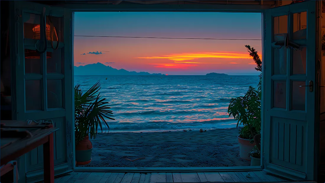 2k海边日落像素风壁纸｜开门望海背景图片 - 治愈晚霞海景「哲风壁纸」
