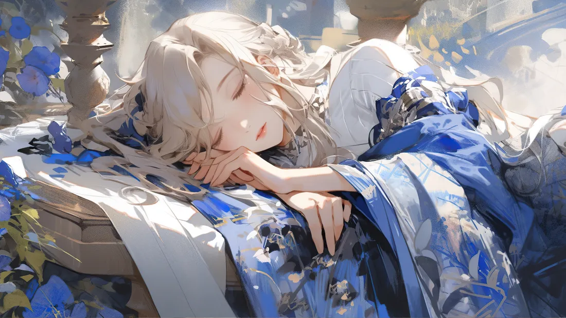 4k银发少女壁纸｜蓝花环绕休憩背景图片 - 古风蓝裙午后静谧画面「哲风壁纸」
