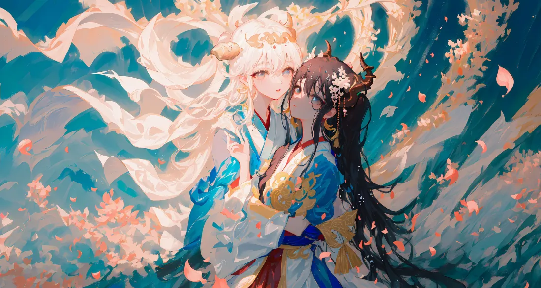 4k古风双姝壁纸｜金龙环绕背景图片 - 汉服少女樱花「哲风壁纸」