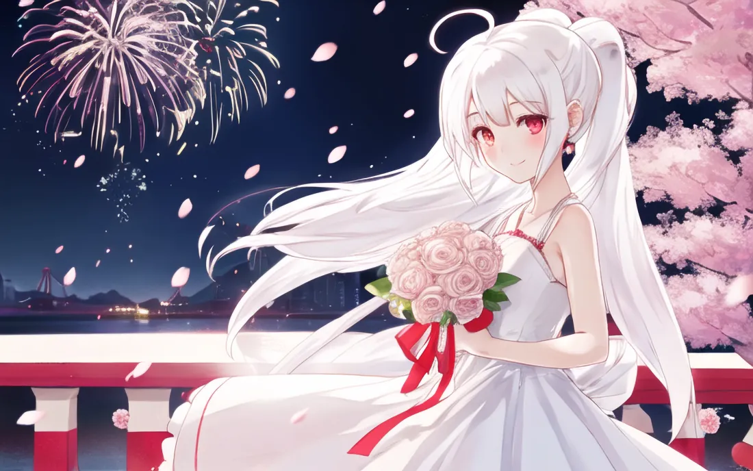 3k白发红瞳少女壁纸｜樱花烟花夜景背景图片 - 白裙捧花「哲风壁纸」