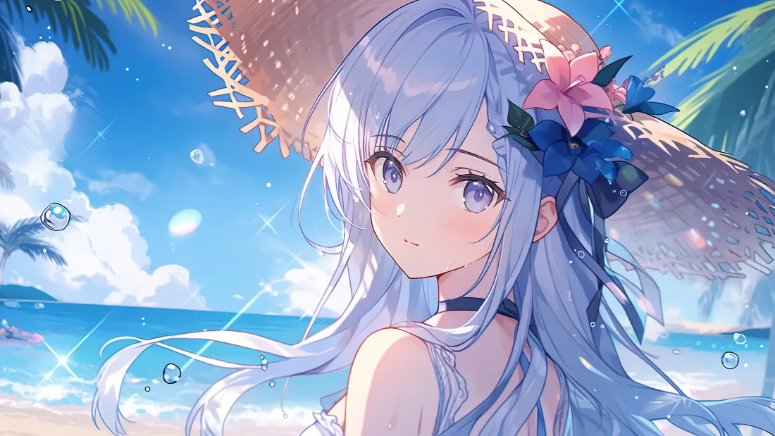 4k海边草帽少女壁纸｜夏日海滩背景图片 - 二次元动漫风「哲风壁纸」