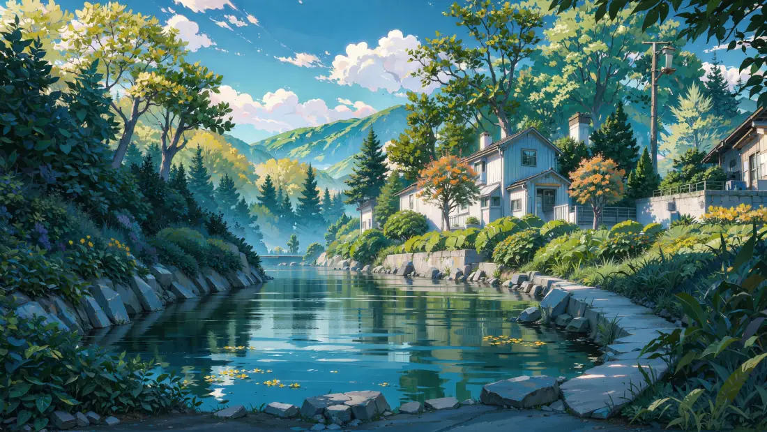 4k乡村河畔风景｜日系动漫背景图片 - 森林民居蓝天白云治愈场景「哲风壁纸」
