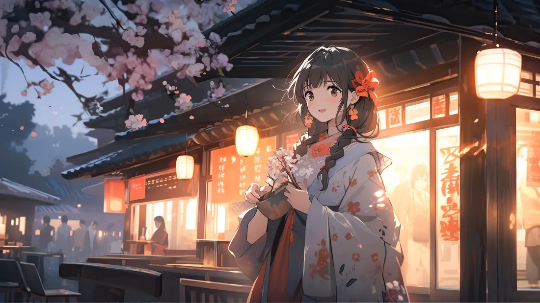 4k和服少女壁纸｜樱花街铺背景图片 - 傍晚暖灯「哲风壁纸」