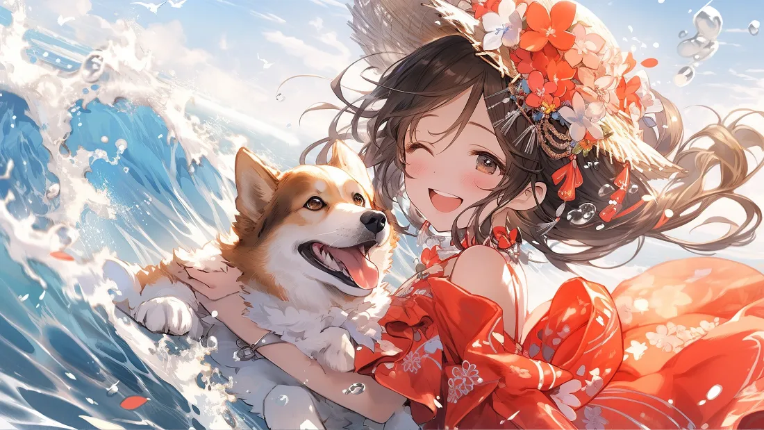 4k二次元少女与柯基｜海边嬉水背景图片 - 浪花红花治愈插画「哲风壁纸」
