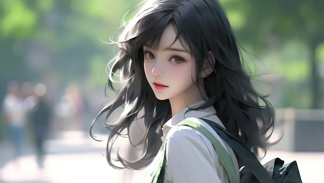 4k校园少女壁纸｜户外林荫背景图片 - 白衬衫黑长发回眸「哲风壁纸」