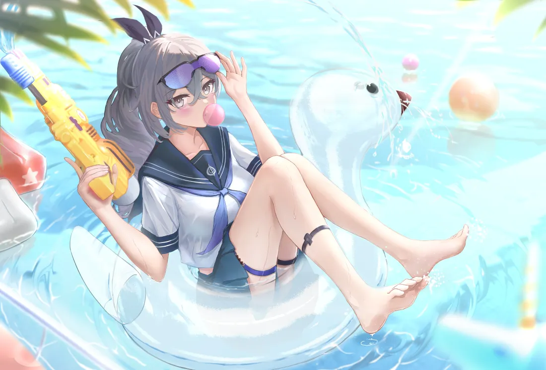 3k二次元少女｜夏日泳池背景图片 - 水手服水枪戏水「哲风壁纸」