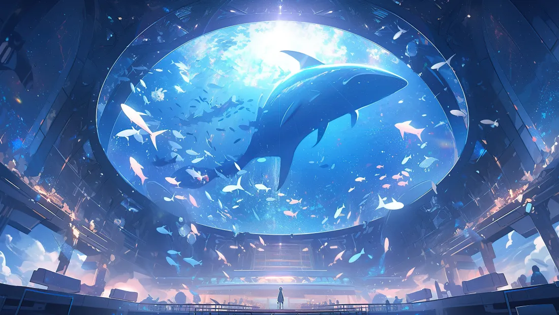 4k蓝鲸｜梦幻水族馆穹顶背景图片 - 治愈蓝色城市夜景「哲风壁纸」