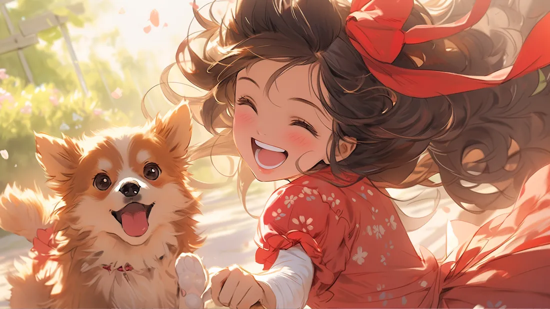 4k红衣女孩与柯基壁纸｜治愈户外背景图片 - 阳光笑容插画「哲风壁纸」