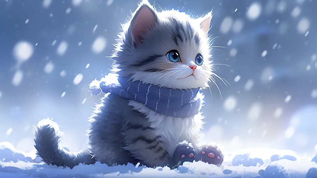 4k雪地小猫壁纸｜飘雪冬日背景图片 - 戴蓝围巾治愈萌宠「哲风壁纸」