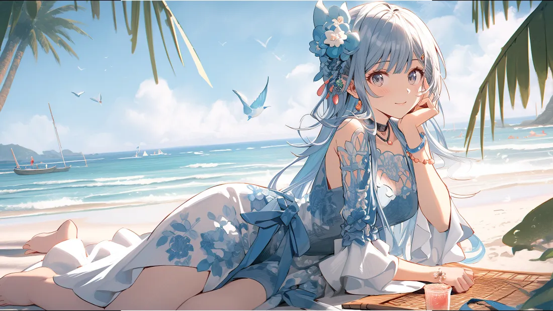 4k蓝发少女｜夏日海滩背景图片 - 海滨度假风二次元插画「哲风壁纸」