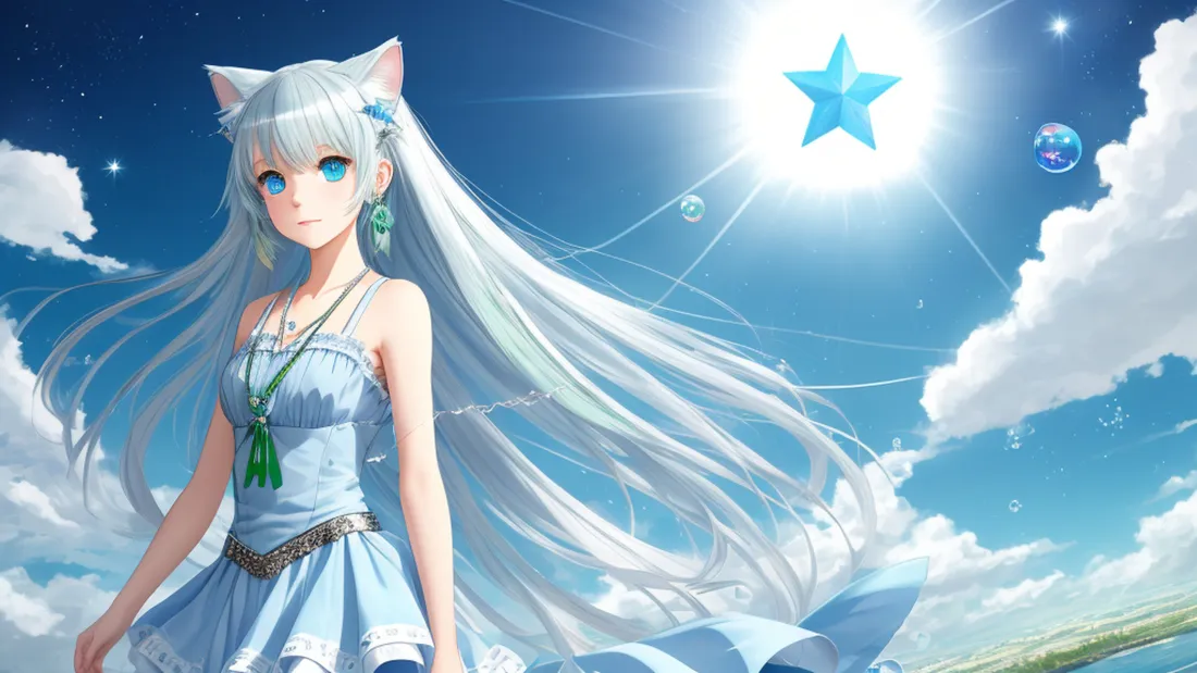 4k猫耳白发少女壁纸｜蓝天晴空背景图片 - 蓝裙星芒夏日治愈「哲风壁纸」
