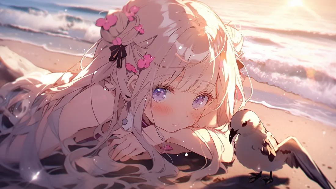 4k粉发少女｜海边夕阳背景图片 - 沙滩海鸥治愈插画「哲风壁纸」