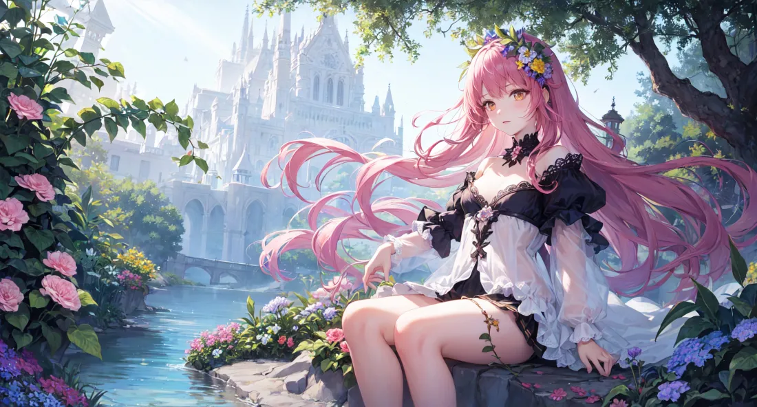4k粉发少女｜城堡花园背景图片 - 河畔花簇二次元插画「哲风壁纸」