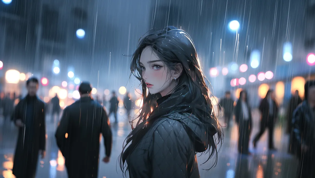 4k雨夜黑衣长发女生壁纸｜城市街头背景图片 - 霓虹氛围感「哲风壁纸」