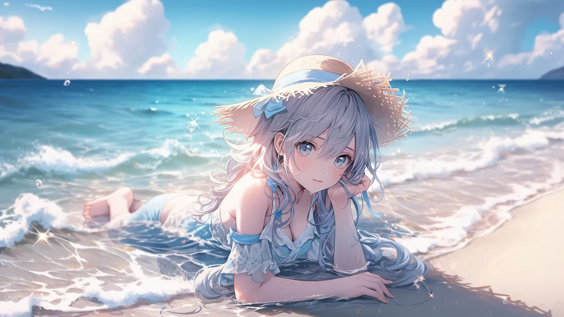 4k动漫少女壁纸｜夏日海边背景图片 - 草帽沙滩海浪蓝天「哲风壁纸」