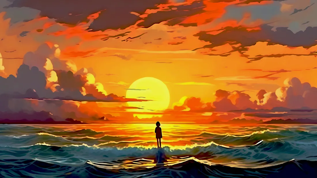4k海上日落壁纸｜人物剪影背景图片 - 橙红晚霞海面风景「哲风壁纸」