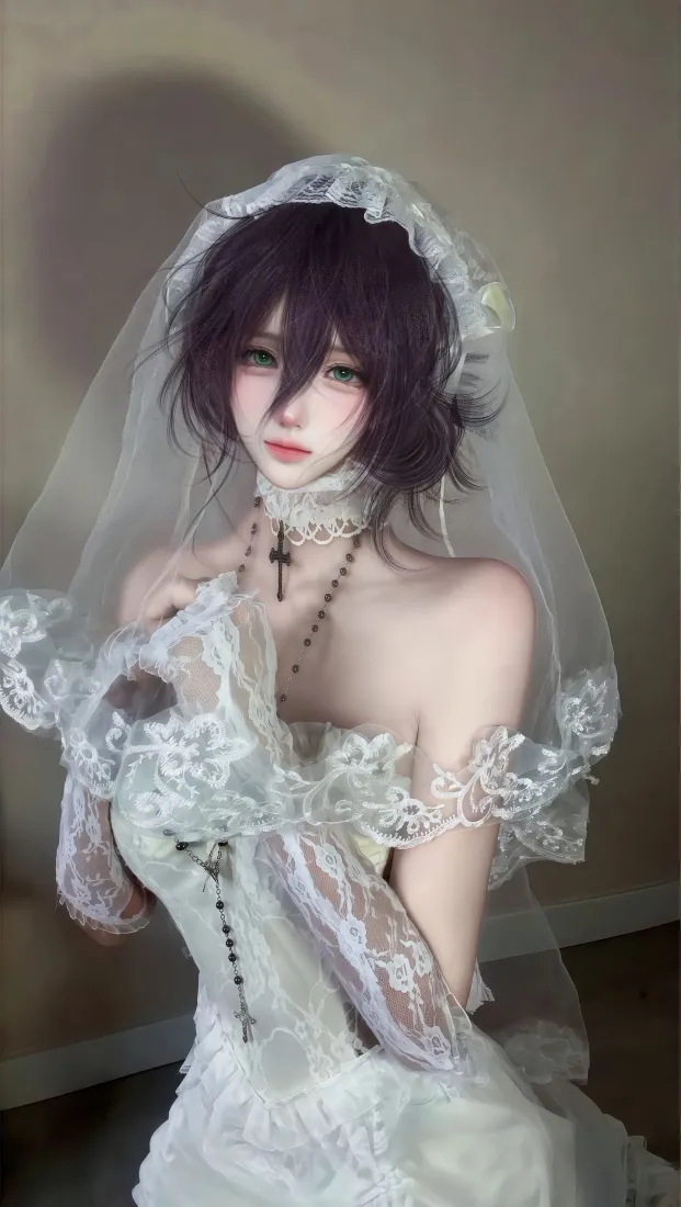 婚纱美女手机壁纸｜室内写真背景图片 - 蕾丝花嫁性感造型「哲风壁纸」