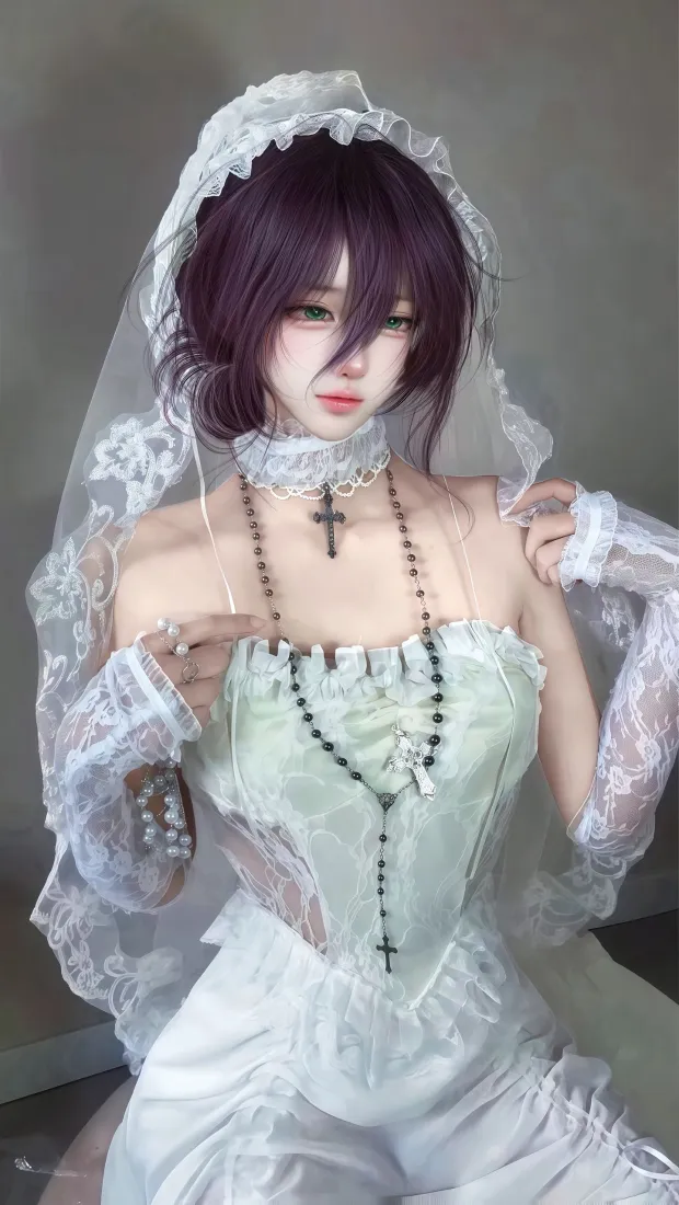 cosplay美女手机壁纸｜白纱花嫁背景图片 - 蕾丝十字架性感造型「哲风壁纸」