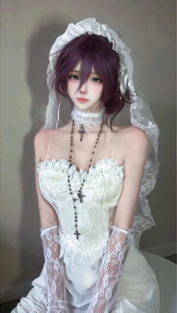 花嫁cos美女手机壁纸｜白纱蕾丝背景图片 - 紫发十字架项链造型「哲风壁纸」