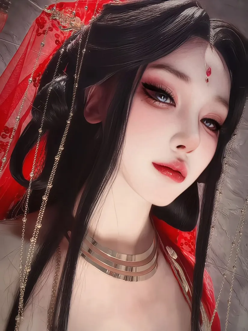 古风红衣美女手机壁纸｜冷艳花钿背景图片 - 红纱金饰「哲风壁纸」