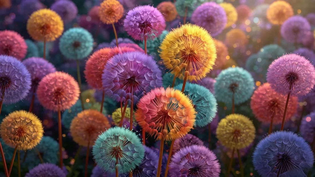 3k彩色蒲公英｜立体花卉背景图片 - 梦幻治愈「哲风壁纸」