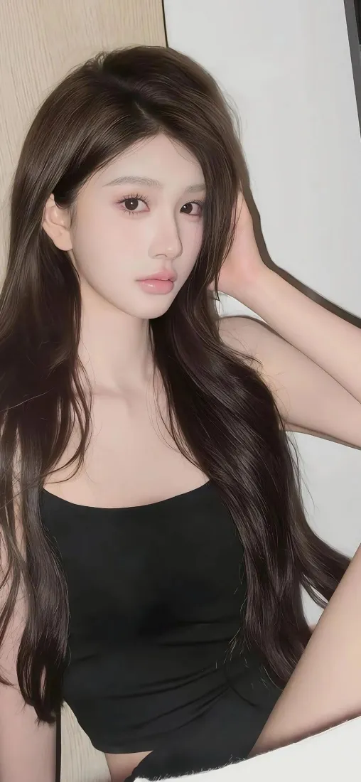 清纯小姐姐手机壁纸｜黑色吊带背景图片 - 长发美女室内自拍「哲风壁纸」