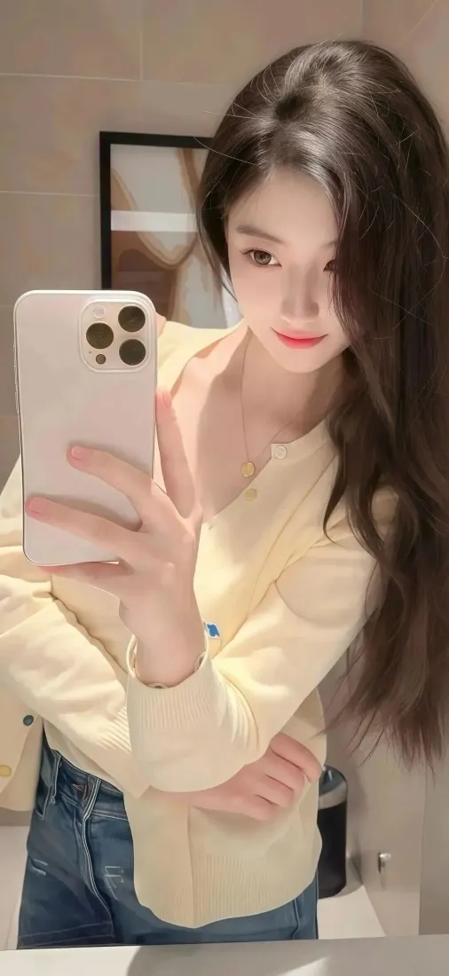 清纯小姐姐手机壁纸｜对镜自拍背景图片 - 黄衣长发女生「哲风壁纸」