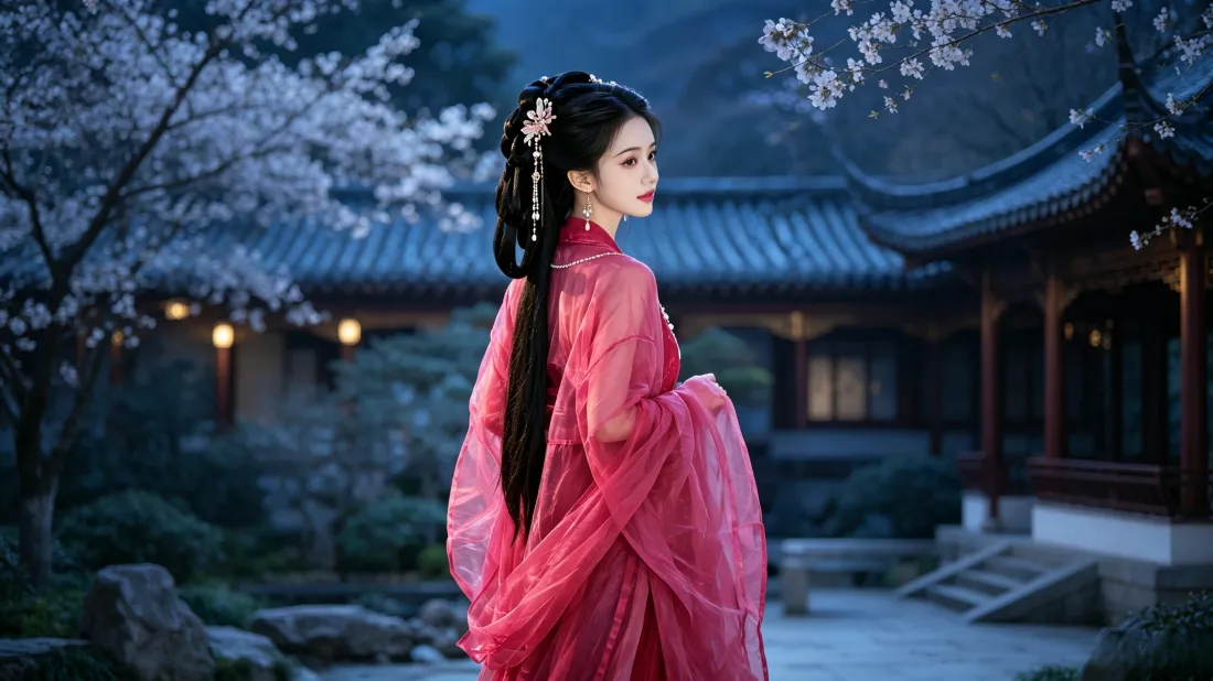 3k红衣古风女子壁纸｜中式庭院夜景背景图片 - 花树灯影氛围感「哲风壁纸」