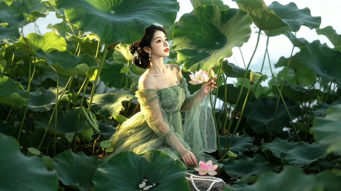 3k绿裙美女壁纸｜荷塘荷花背景图片 - 夏日氛围感写真「哲风壁纸」