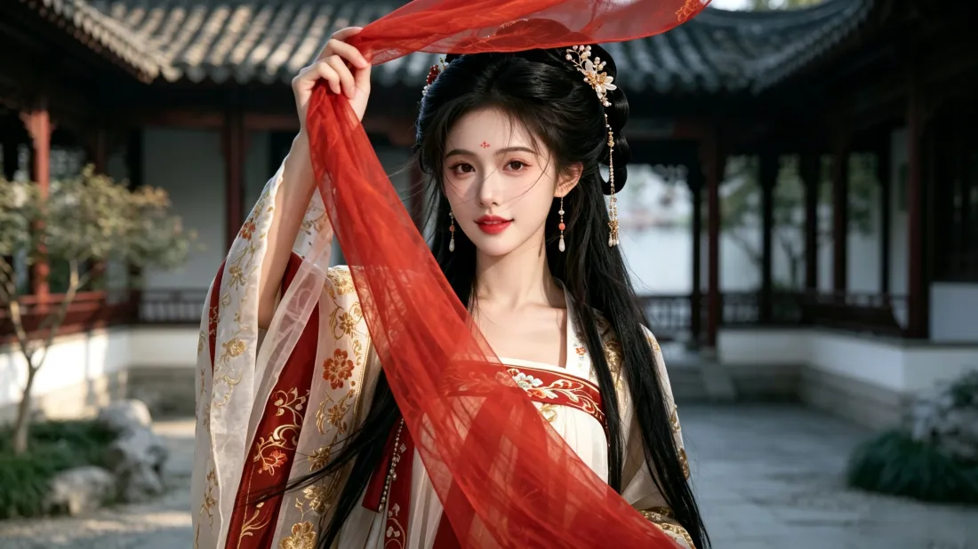 3k古风汉服美女壁纸｜江南庭院背景图片 - 红纱飘逸「哲风壁纸」