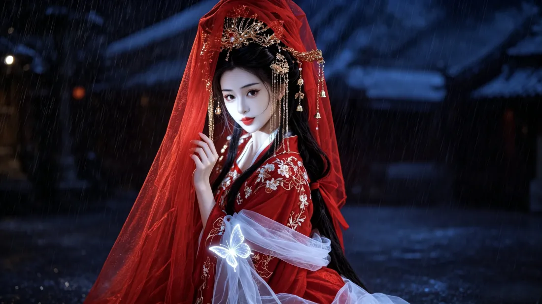 3k古风红衣新娘壁纸｜夜景背景图片 - 红盖头金饰发光蝴蝶「哲风壁纸」