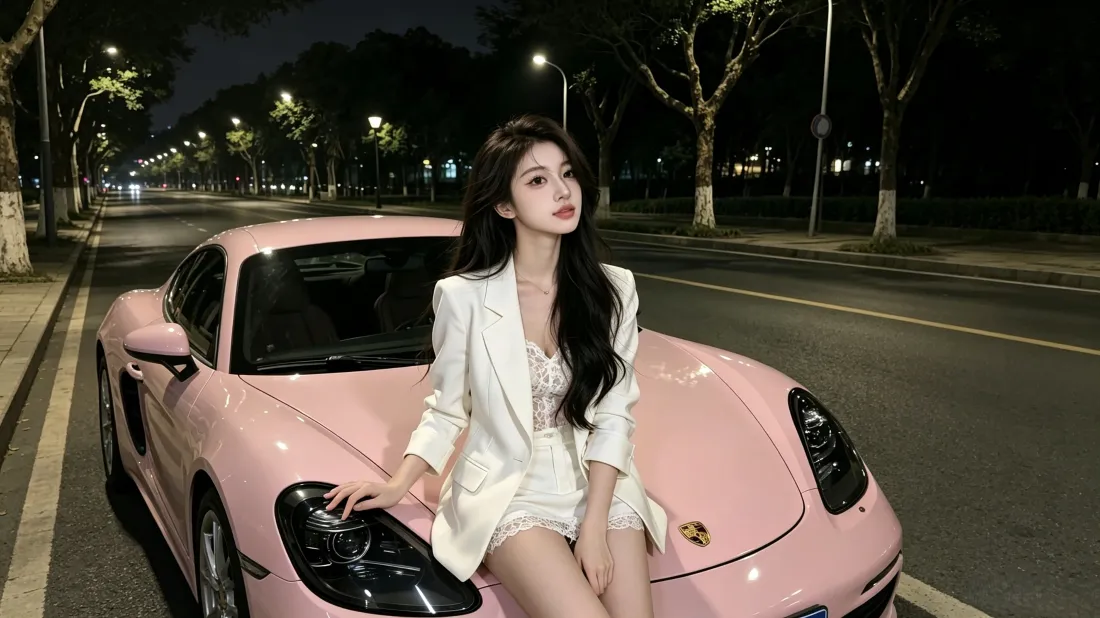 3k白西装美女｜粉色保时捷背景图片 - 夜景街道氛围感「哲风壁纸」