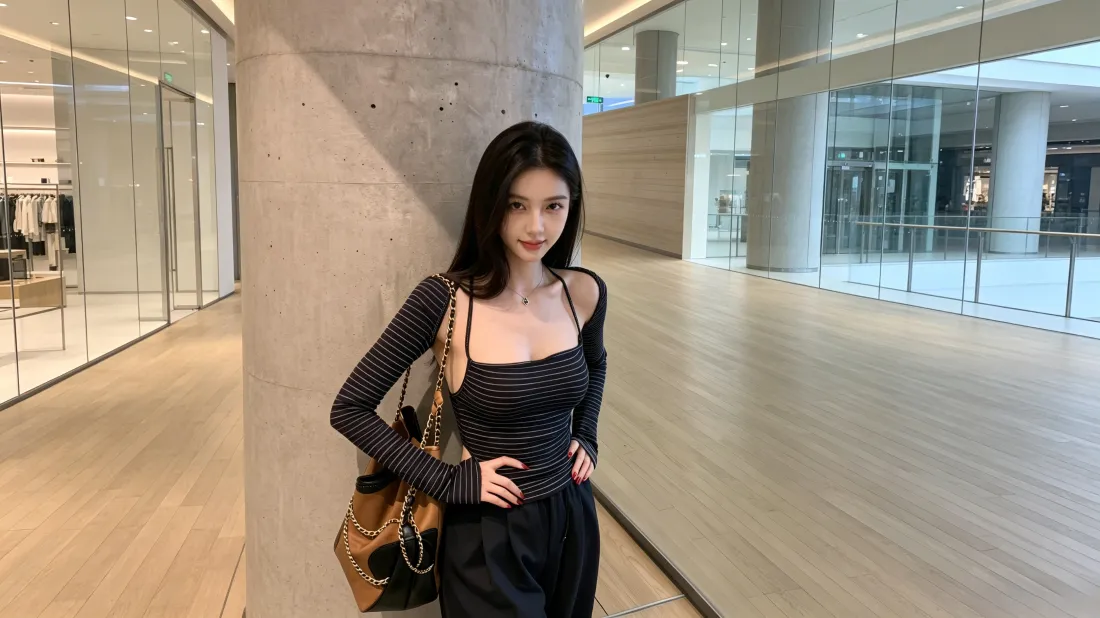 3k黑裙长发美女｜商场室内背景图片 - 时尚穿搭「哲风壁纸」