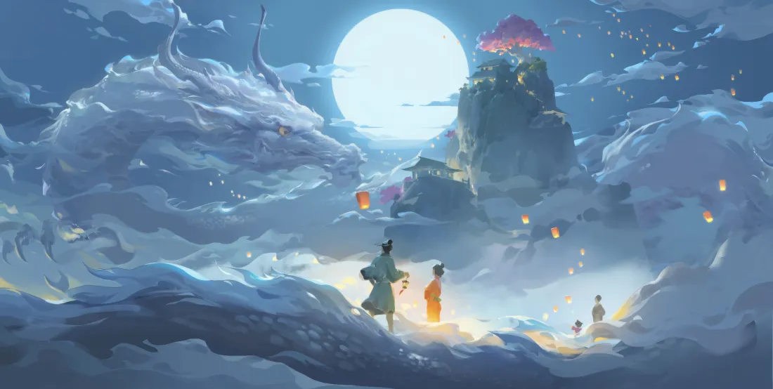 6k古风月夜｜云海仙山背景图片 - 古人赏灯望月「哲风壁纸」