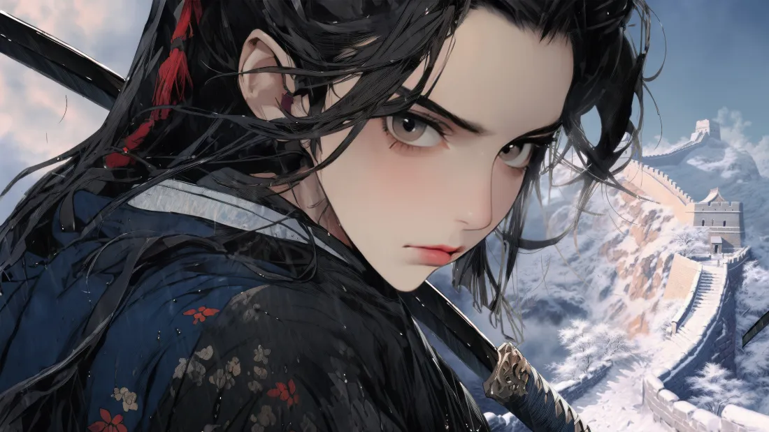 6k侠女壁纸｜古风剑客背景图片 - 雪山黑衣持剑「哲风壁纸」