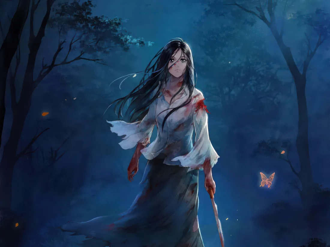 6k古风受伤女子壁纸｜暗夜森林背景图片 - 冷调幽森氛围「哲风壁纸」