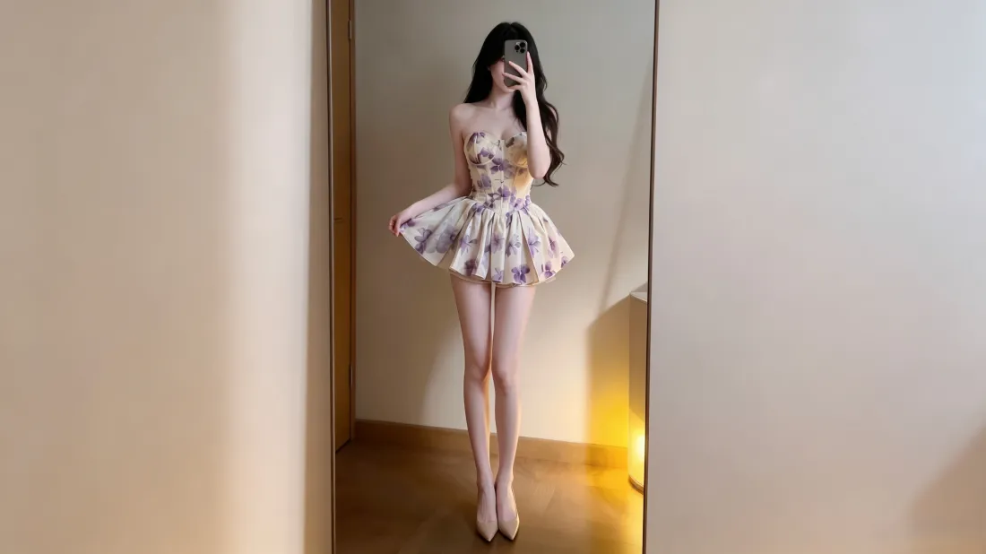 3k抹胸碎花裙美女壁纸｜对镜自拍背景图片 - 纯欲风穿搭「哲风壁纸」