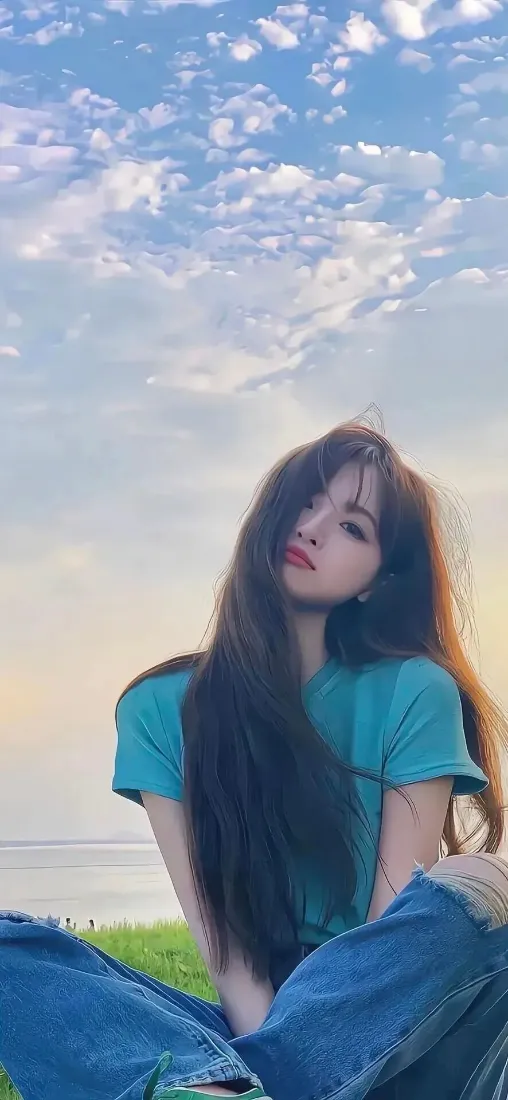 长发美女手机壁纸｜户外草地背景图片 - 蓝天休闲随拍「哲风壁纸」