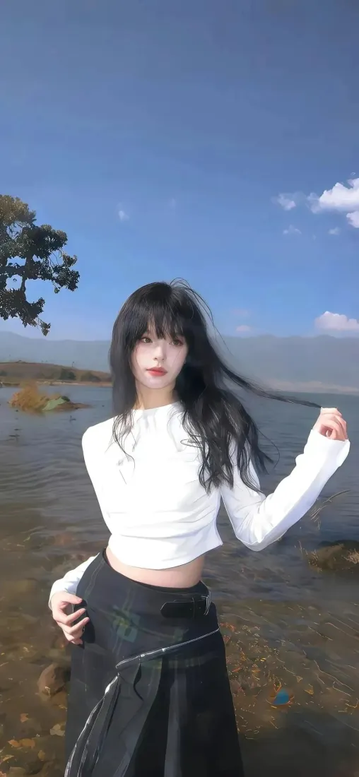 清纯少女手机壁纸｜湖边户外背景图片 - 白衣黑裙长发「哲风壁纸」