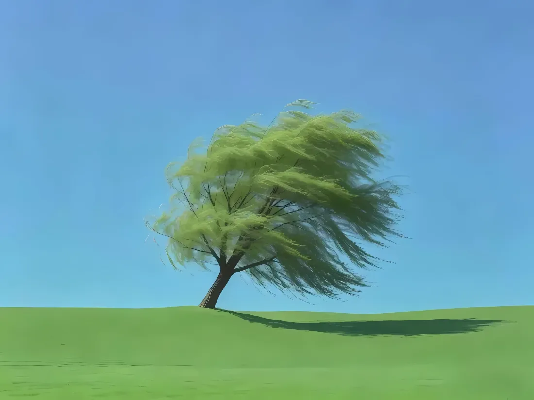 2k柳树壁纸｜蓝天草地背景图片 - 风中倾斜柳树简约插画「哲风壁纸」