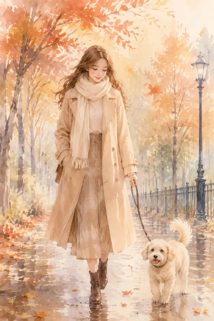 秋日女孩遛狗手机壁纸｜林荫道背景图片 - 暖调治愈水彩风「哲风壁纸」