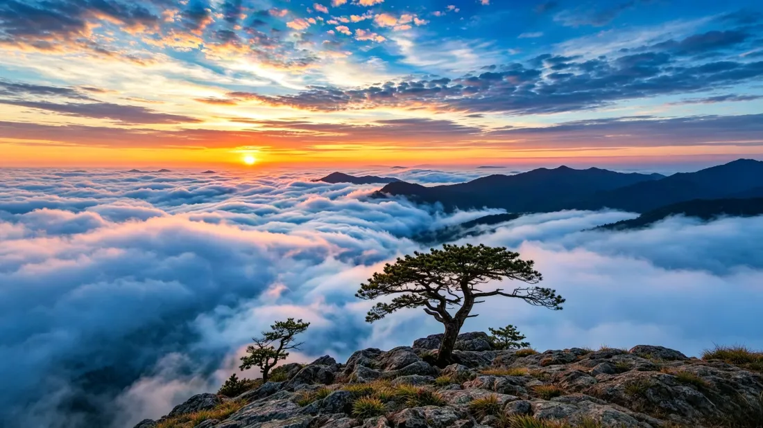 3k高山云海日出｜背景图片 - 山顶奇松霞光自然风景「哲风壁纸」