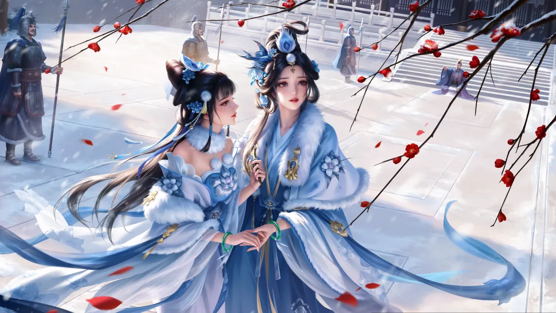 4k三国杀刘衿刘佩壁纸｜雪地红梅背景图片 - 古风双姝蓝裙立绘「哲风壁纸」